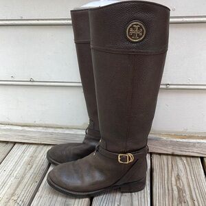 Tory Burch "Teresa" Logo Brown Leather Riding Boots Size 6.5M